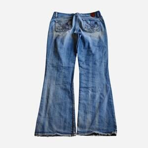 Y2K BKE blue denim bootcut jeans with unique back pockets